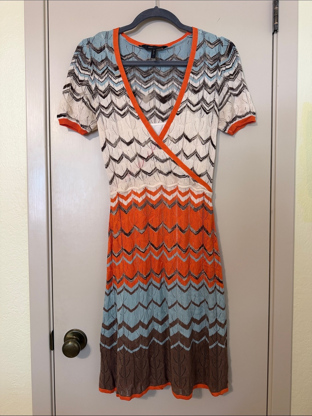 BCBGMaxAzria Orange, Cream & Blue Chevron Wrap Midi Dress
